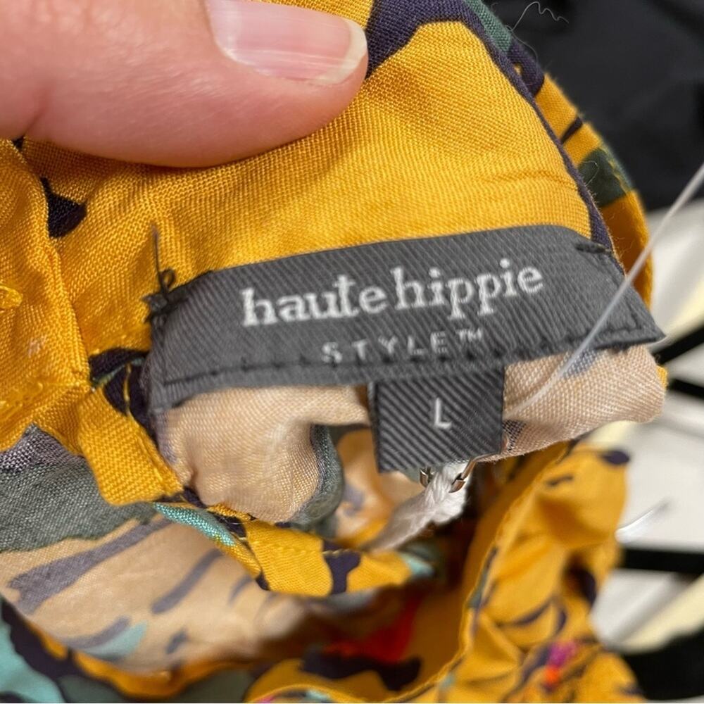 Haute Hippie Mustard Yellow Floral Print Halter Smocked Boho Blouse L Sleeveless - Picture 8 of 13